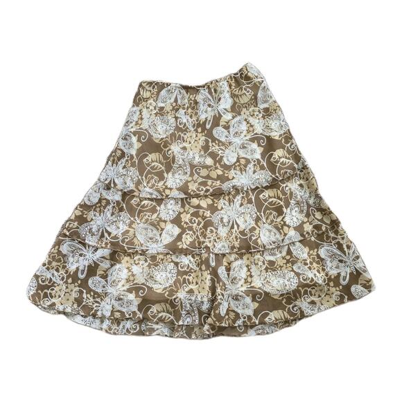 Vtg Floral Butterfly Midi Skirt Womens 12 Brown Tiered Fairy Boho Hippie Flowy - Picture 1 of 8